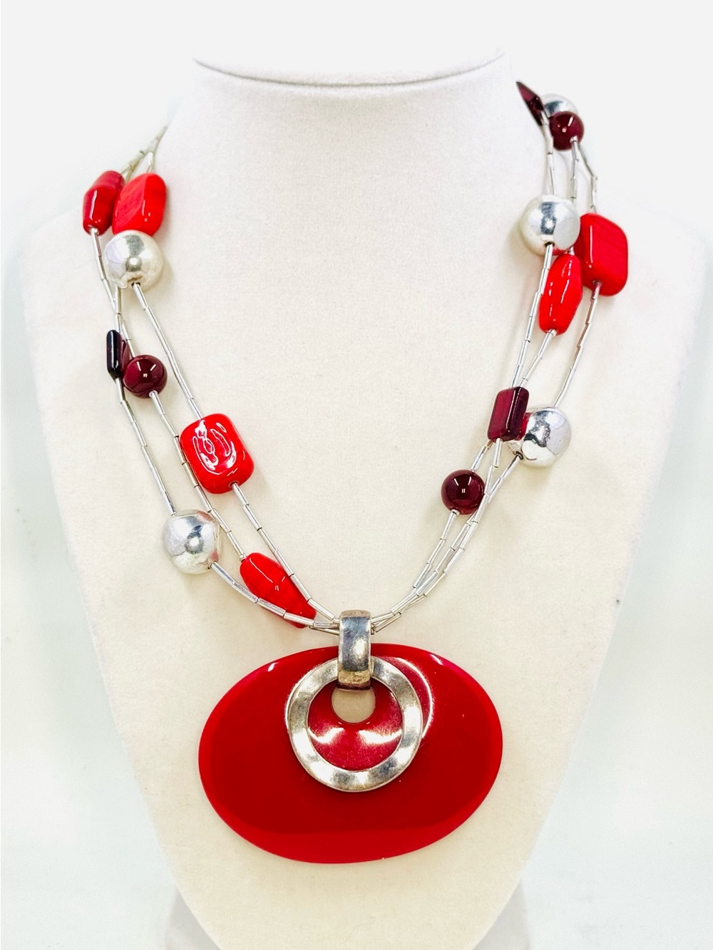 Chico's Silver Tone & Red Multi-Strand Beaded Pendant Statement Necklace 18-22”